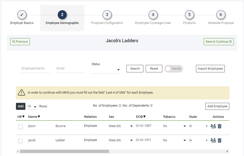 Screenshot showing the Employee Demographic step of the Proposal process