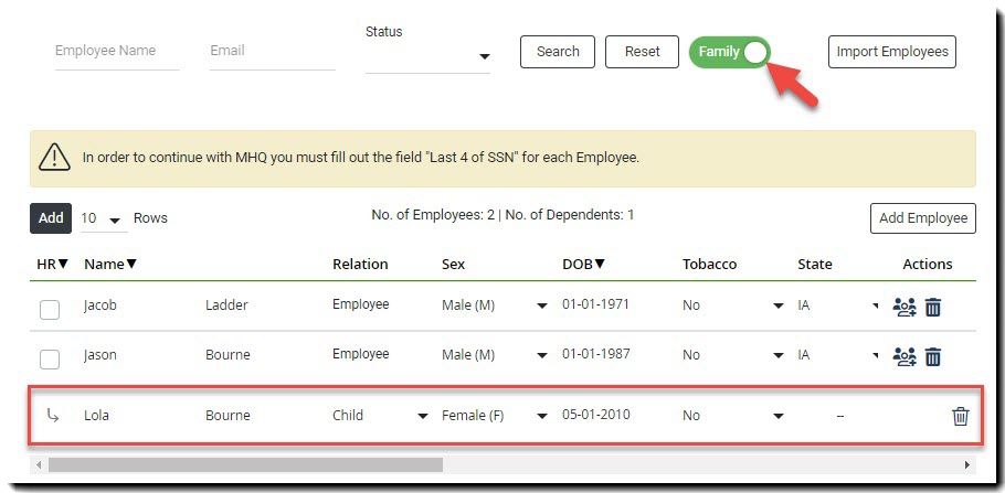 Screenshot showing the Family switch
