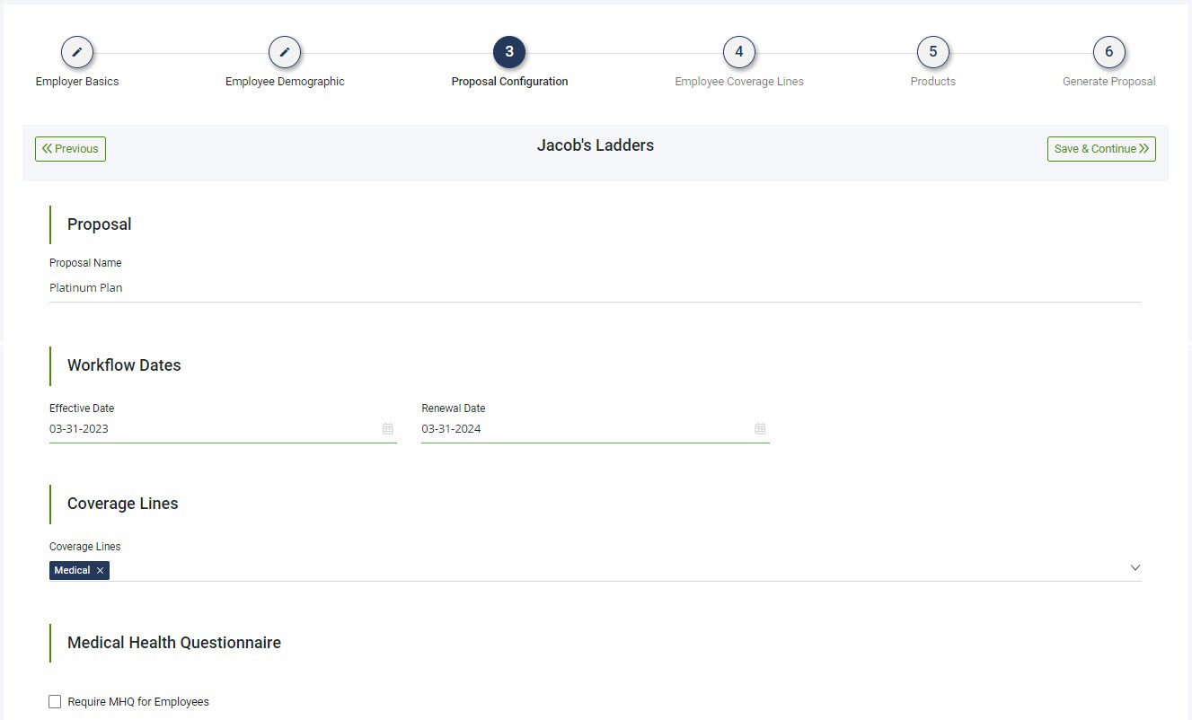 Screenshot showing the Proposal Configuration step of the Proposal process