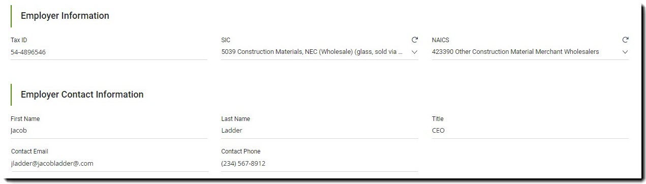 Screenshot showing the Employer Information and Employer Contact Information sections