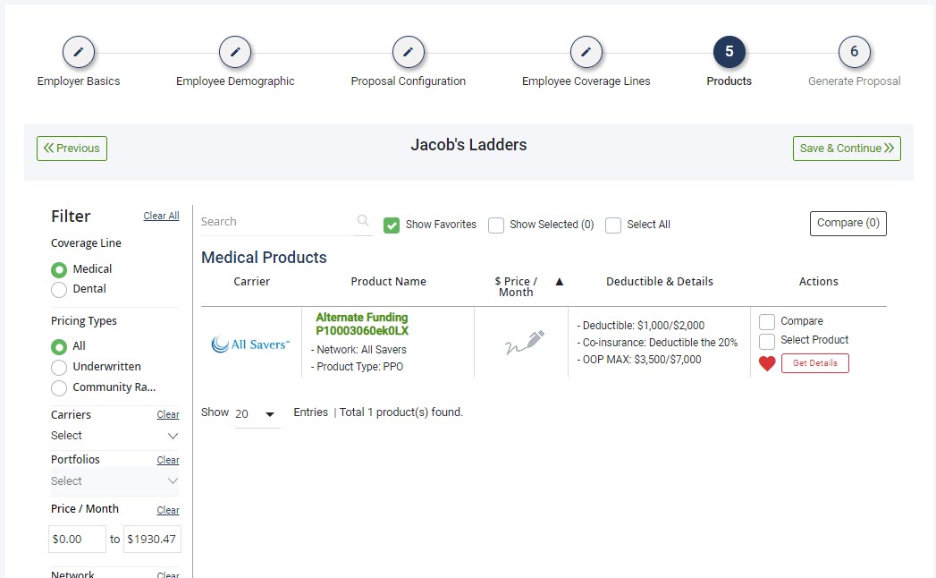 Screenshot showing the Products step of the Proposal process