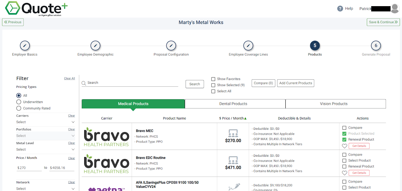 Screenshot showing the Products step of the Proposal process