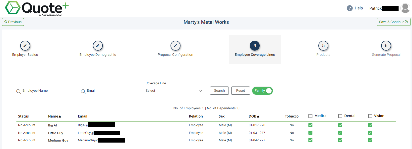 Screenshot showing the Employee Coverage Lines step of the Proposal process