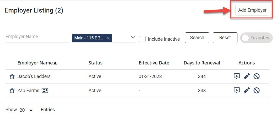 Screenshot showing the Add Employer button on the Employer Listing