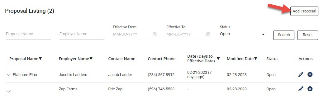 Screenshot showing the Add Proposal button on the Proposal Listing