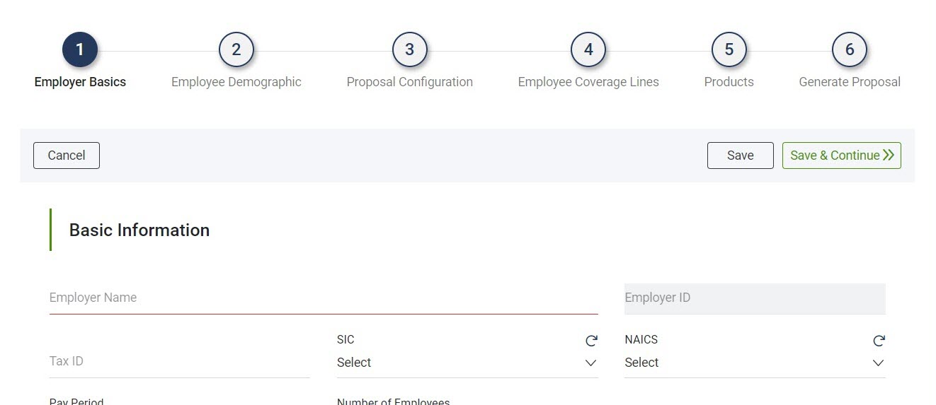 Screenshot showing the Employer Basics step of the Proposal process