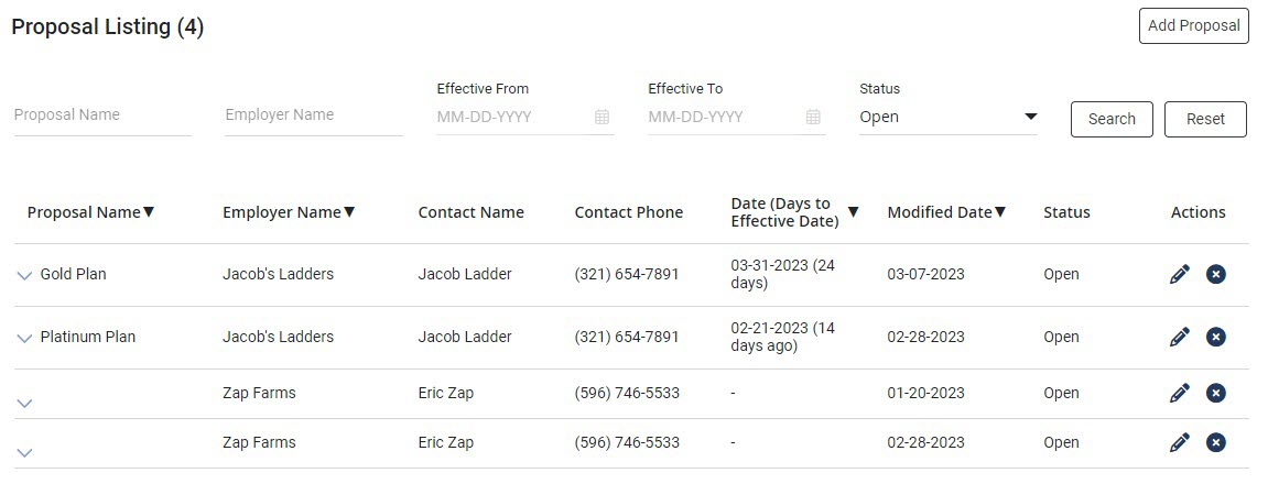 Screenshot showing the Proposal Listing