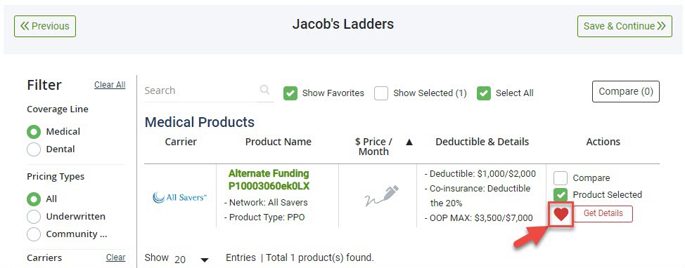 Screenshot showing how to favorite a product