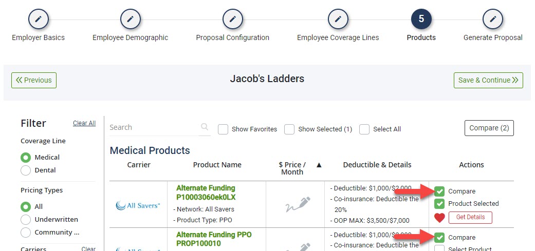 Screenshot showing how to select products for comparison