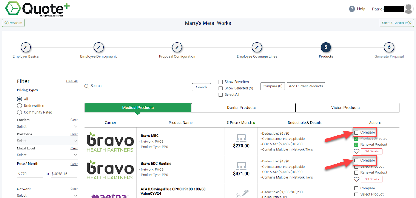 Screenshot showing how to select products for comparison