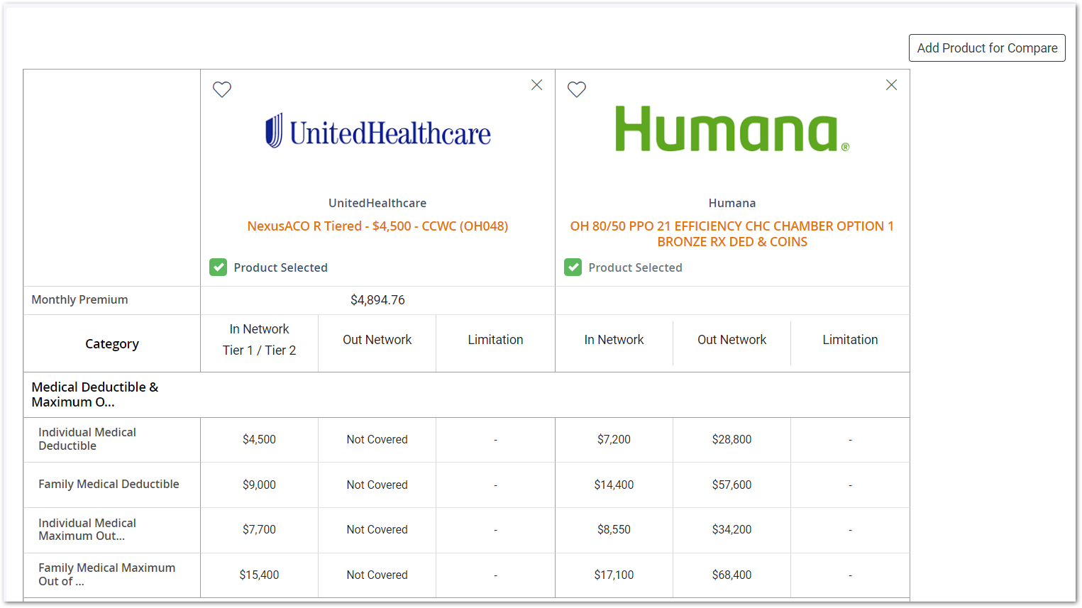 Screenshot showing the comparison