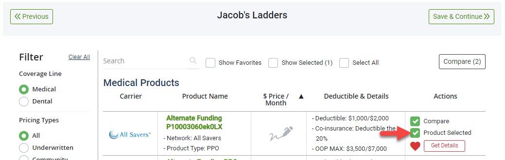 Screenshot showing how to select a product for the Proposal