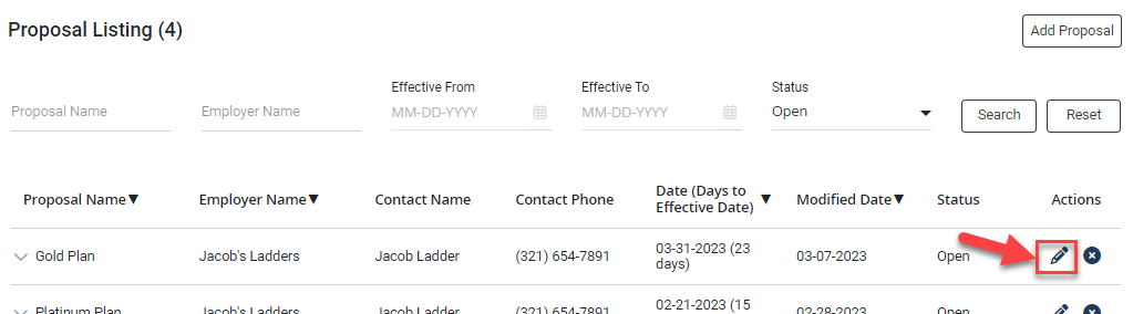 Screenshot showing the Proposal Listing