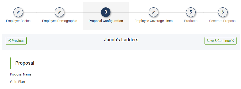 Screenshot showing the Proposal Configuration step of a Proposal