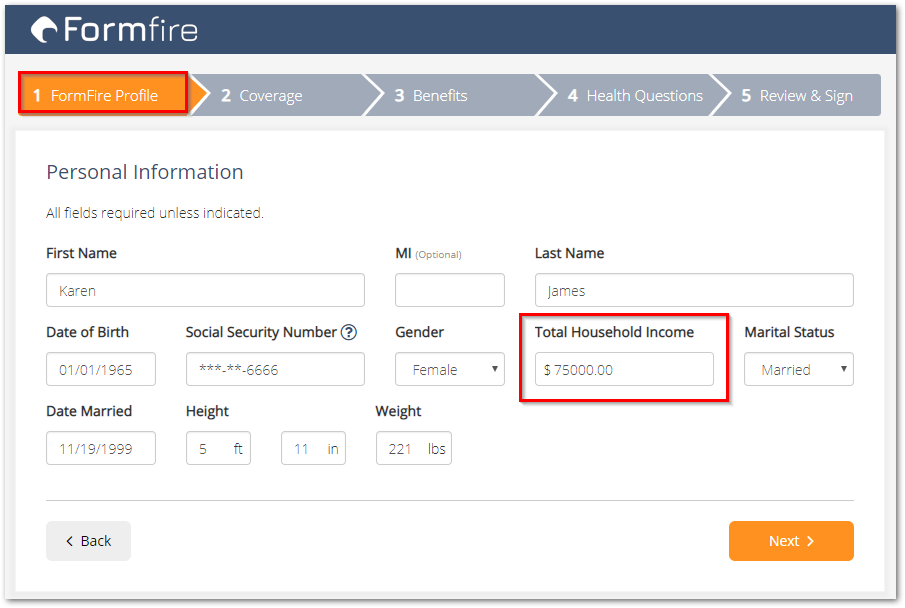 Screenshot showing the Total Household Income field in the Employee Interview
