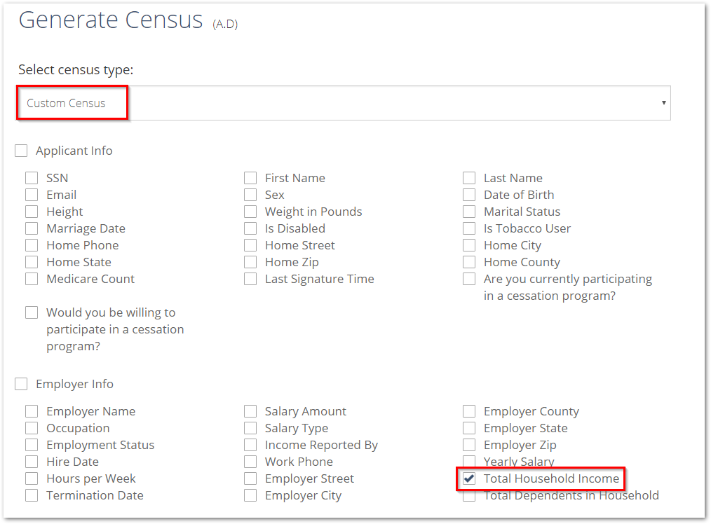 Screenshot showing the custom census