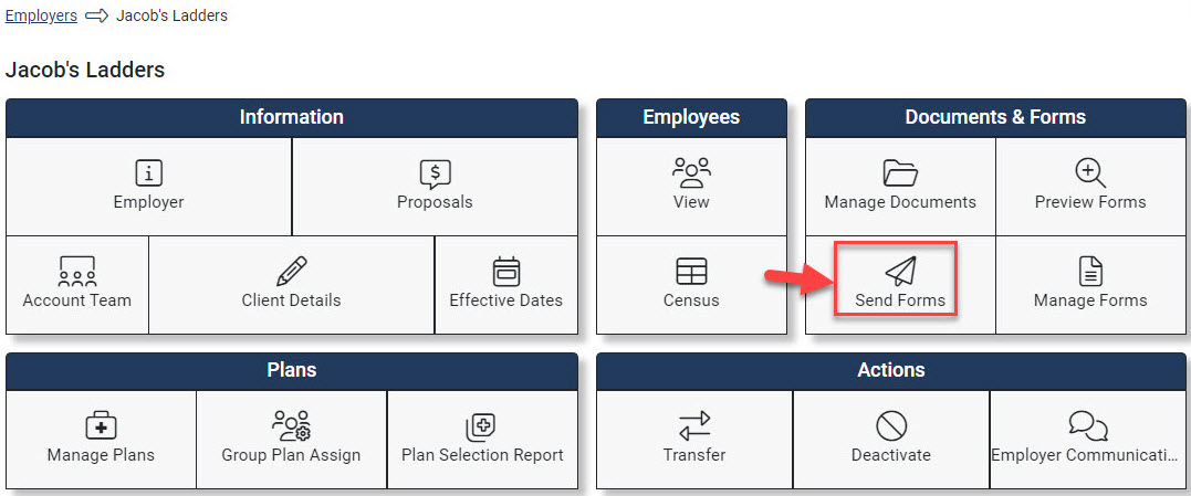 Screenshot showing the Send Forms option in the Employer Hub