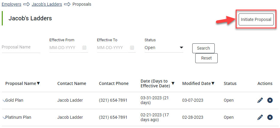 Screenshot showing the Initiate Proposal button on an Employer