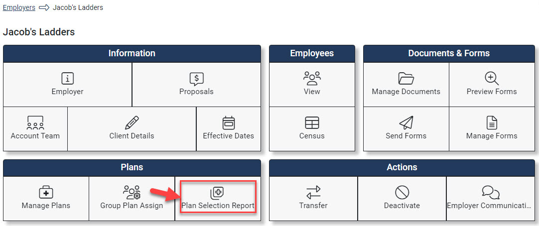 Screenshot showing the Plan Selection Report in the Employer Hub