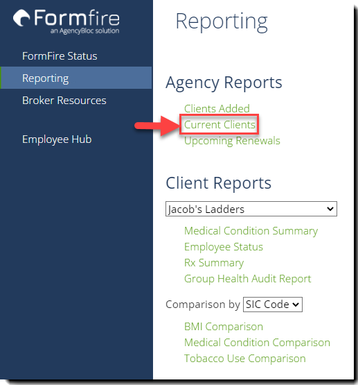 Screenshot showing the Current Clients link on the Reporting page