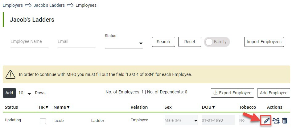 Screenshot showing the Edit button on the Employee Listing