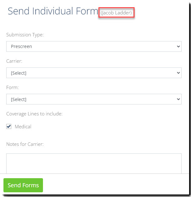 Screenshot showing the Send Forms to Employee page