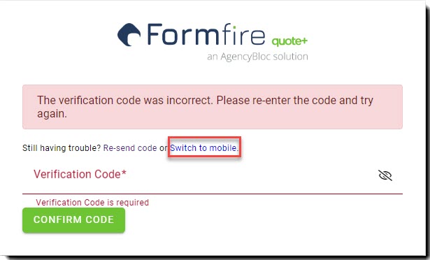 Screenshot showing the 2FA verification login message with texting