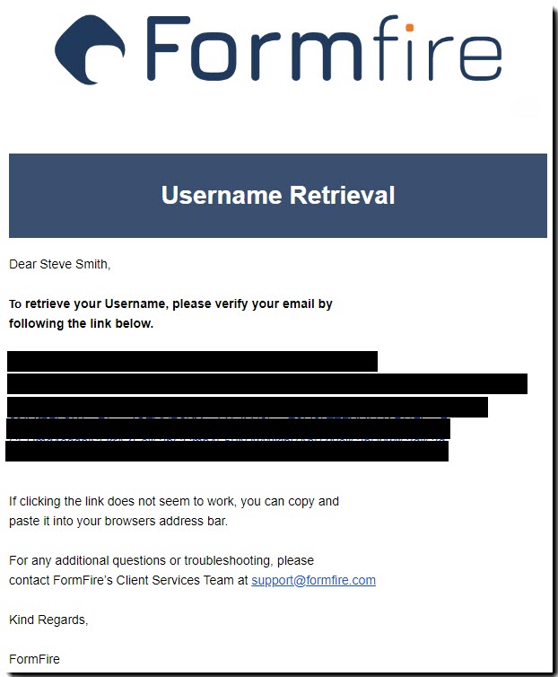 Screenshot showing an example of the username retrieval email