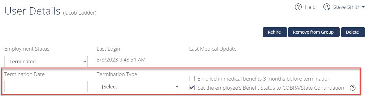 Screenshot showing the Termination fields