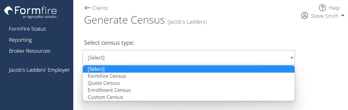 Screenshot showing the Generate Census page