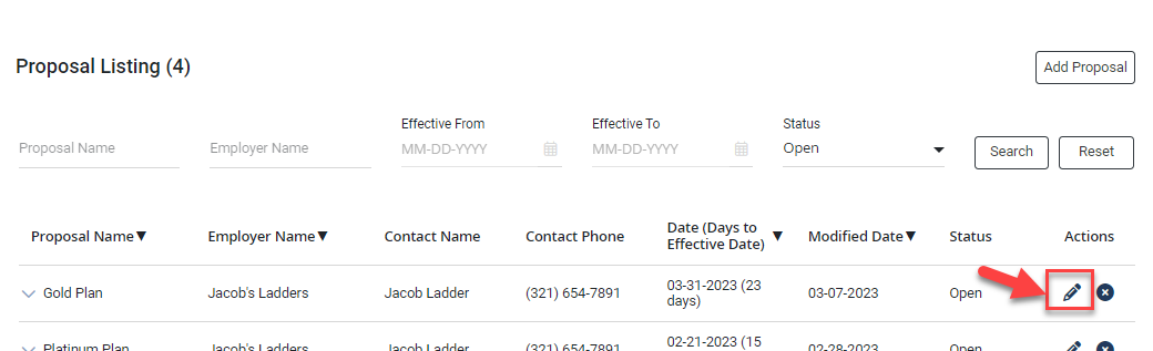 Screenshot showing the Proposal Listing