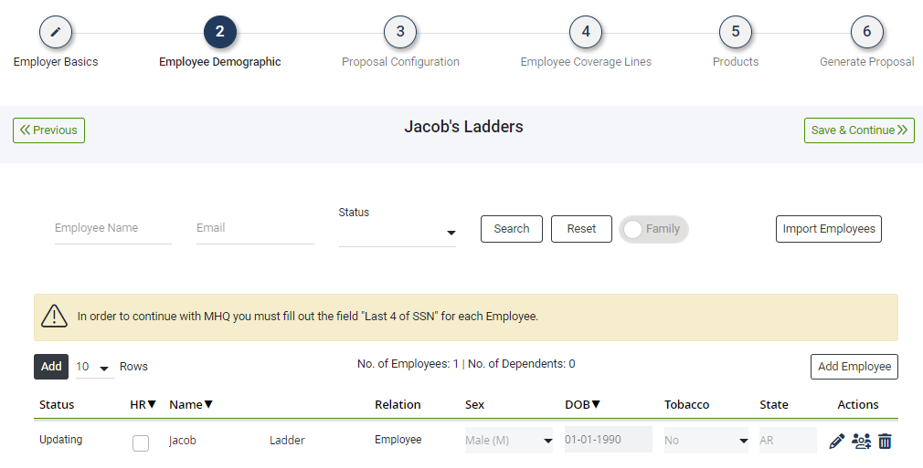 Screenshot showing the Employee Demographic step of a Proposal
