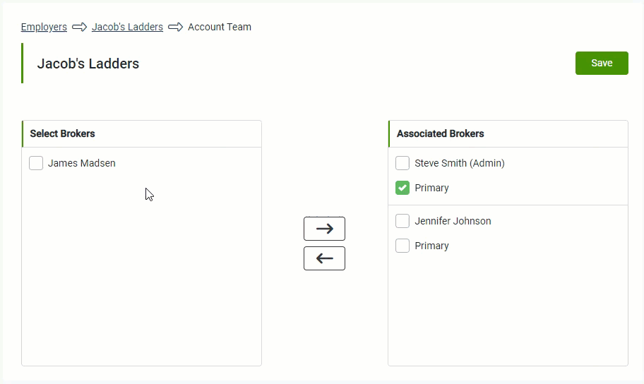 Animated image showing how to assign Brokers to an Employer's Account Team