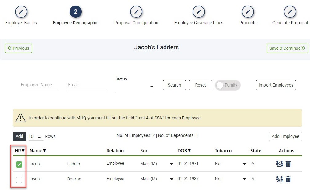 Screenshot showing the Employee Demographic step of a Proposal