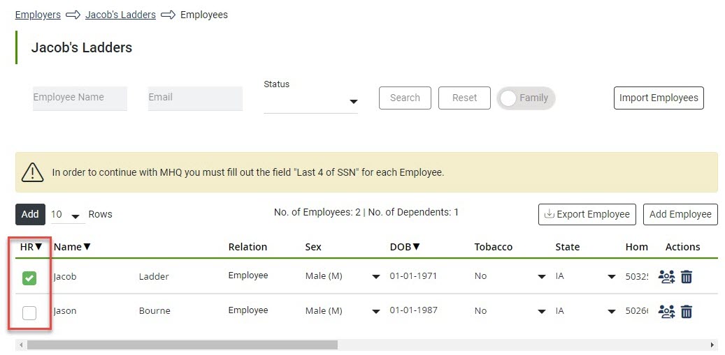 Screenshot showing the HR column on the Employee Listing