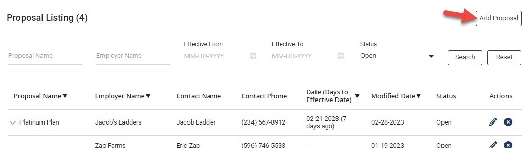 Screenshot showing the Add Proposal button on the Employer Listing