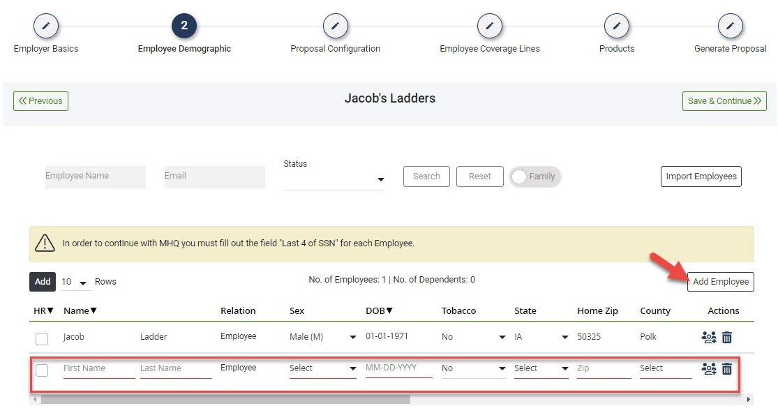 Screenshot showing the Add Employee button in a Proposal