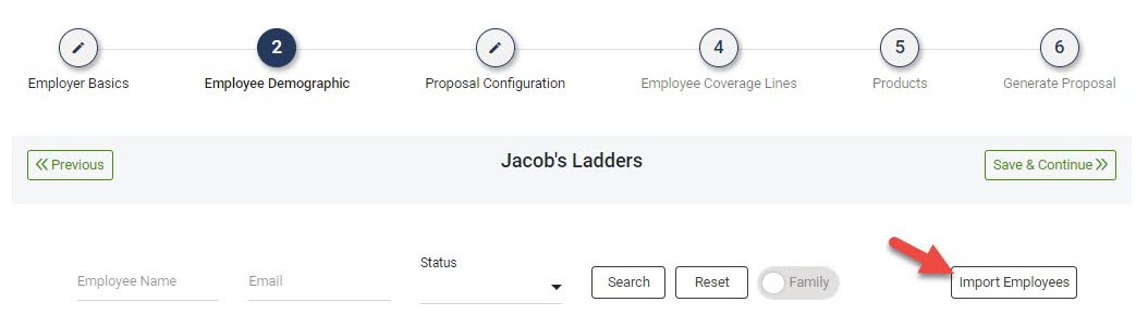 Screenshot showing the Import Employees button in a Proposal