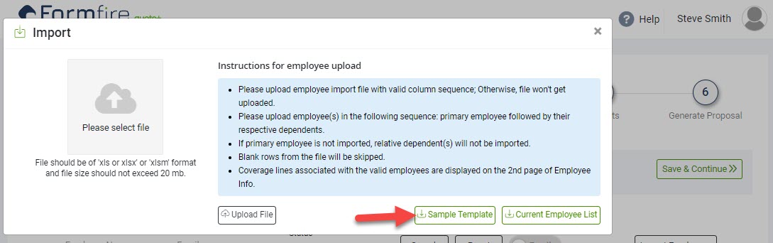Screenshot showing how to download the Employee import template