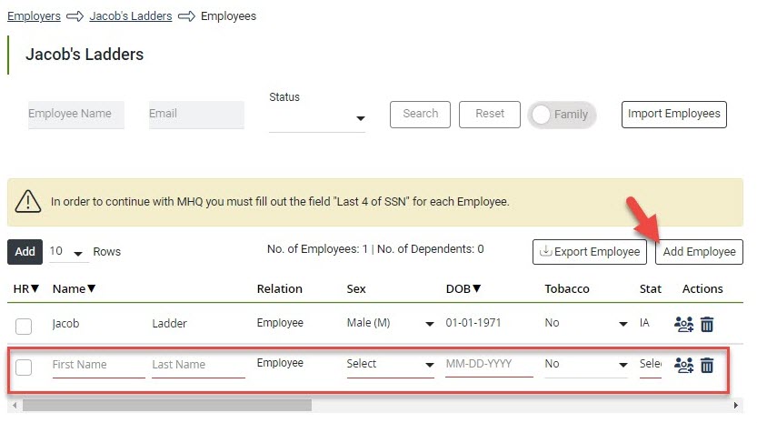 Screenshot showing the Add Employee button on an Employer