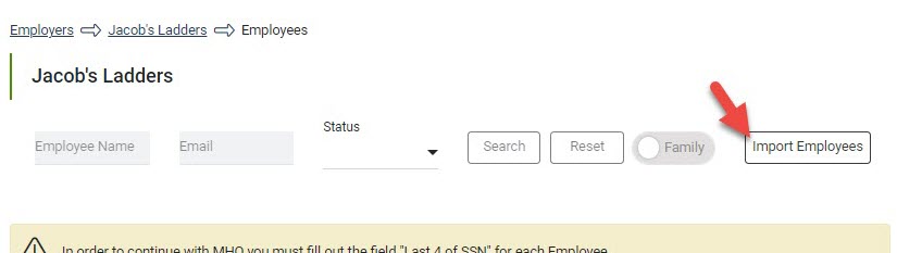Screenshot showing the Import Employees button on an Employer