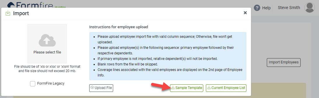 Screenshot showing how to download the Employee import template