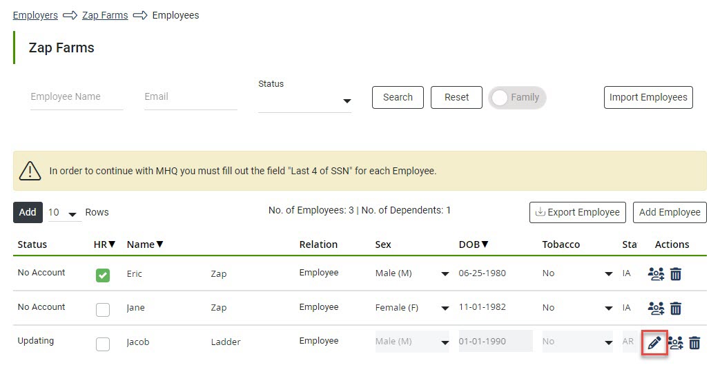 Screenshot showing the Employee Listing