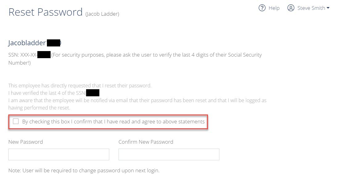 Screenshot showing the Employee password reset page