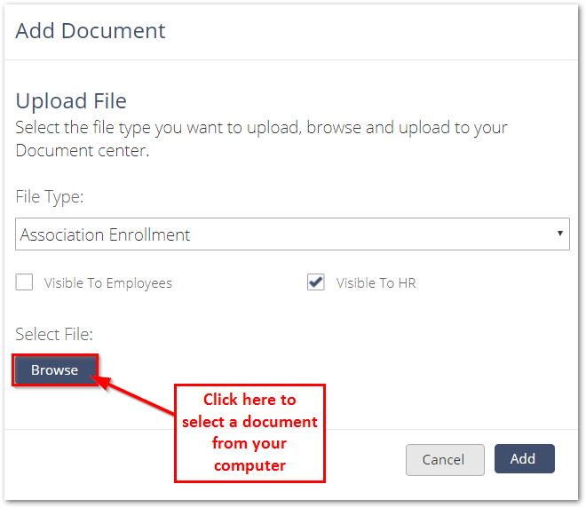 Screenshot showing the Add Document box