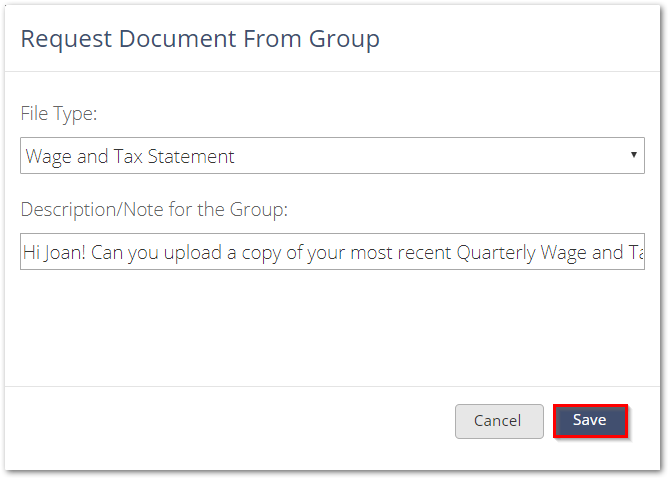 Screenshot showing the option to save a document request