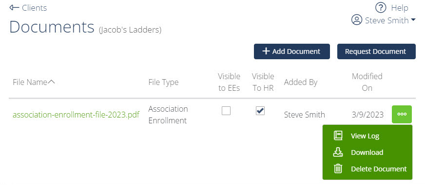 Screenshot showing options in the Document Center