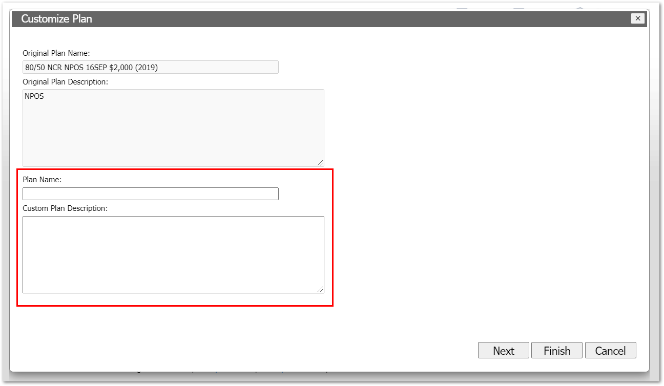 Screenshot showing how to customize the plan name and description