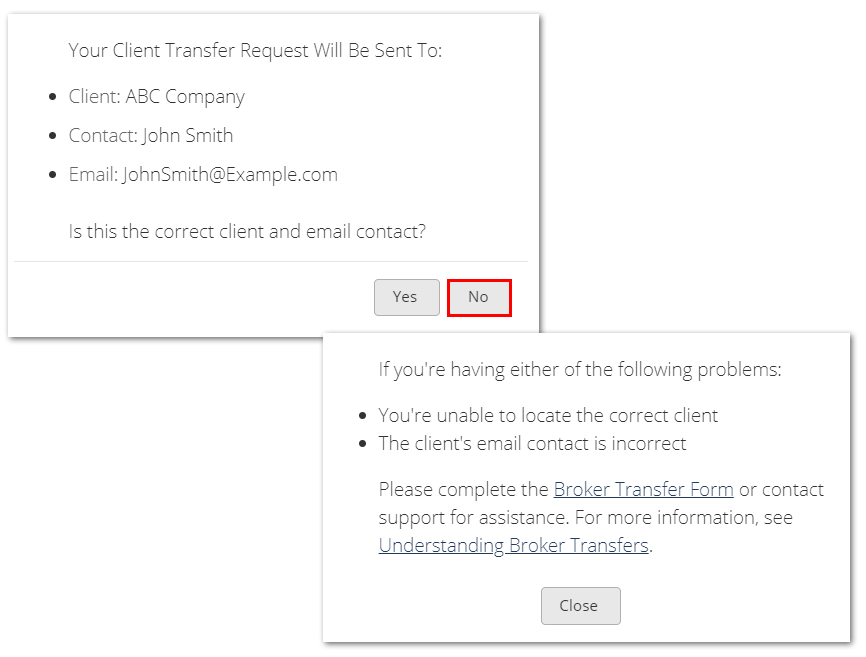 Screenshot shoiwng messages about transfer problems
