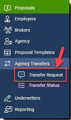 Screenshot showing how to access Agency Transfer from the left-hand navigation